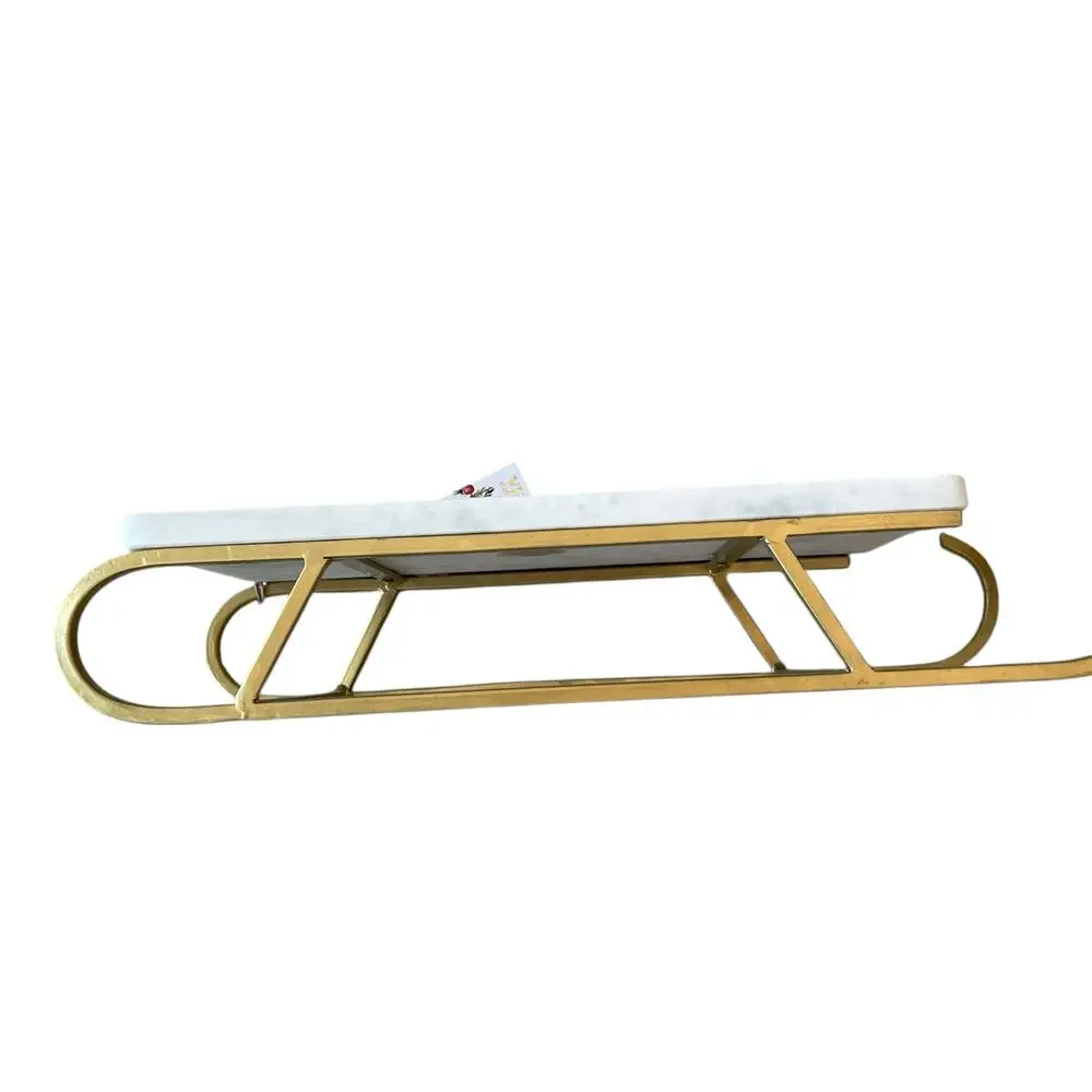Marble Sledge Holiday Serving Tray 18x8 White & Gold Metal Handmade in India